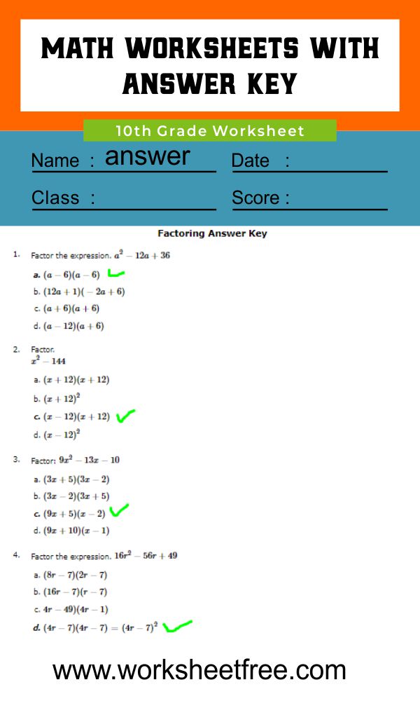 10th Grade Math Worksheets 2 Answer Worksheets Free