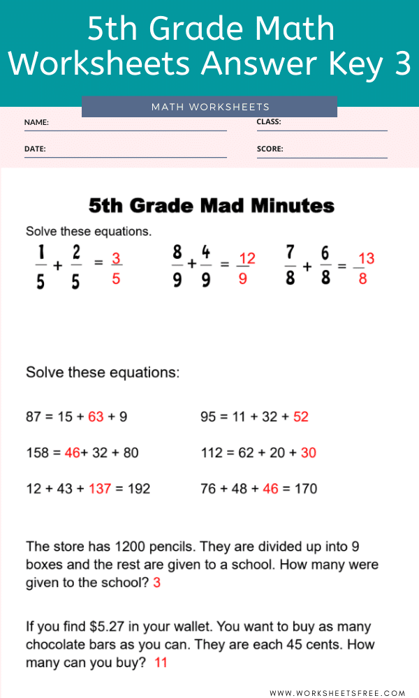 5th Grade Math Worksheets Answer Key 3 Worksheets Free
