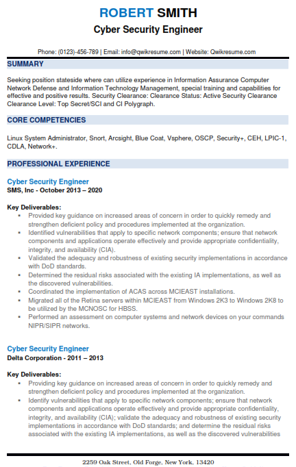 Cyber Security Engineer Resume Sample 1 | Worksheets Free
