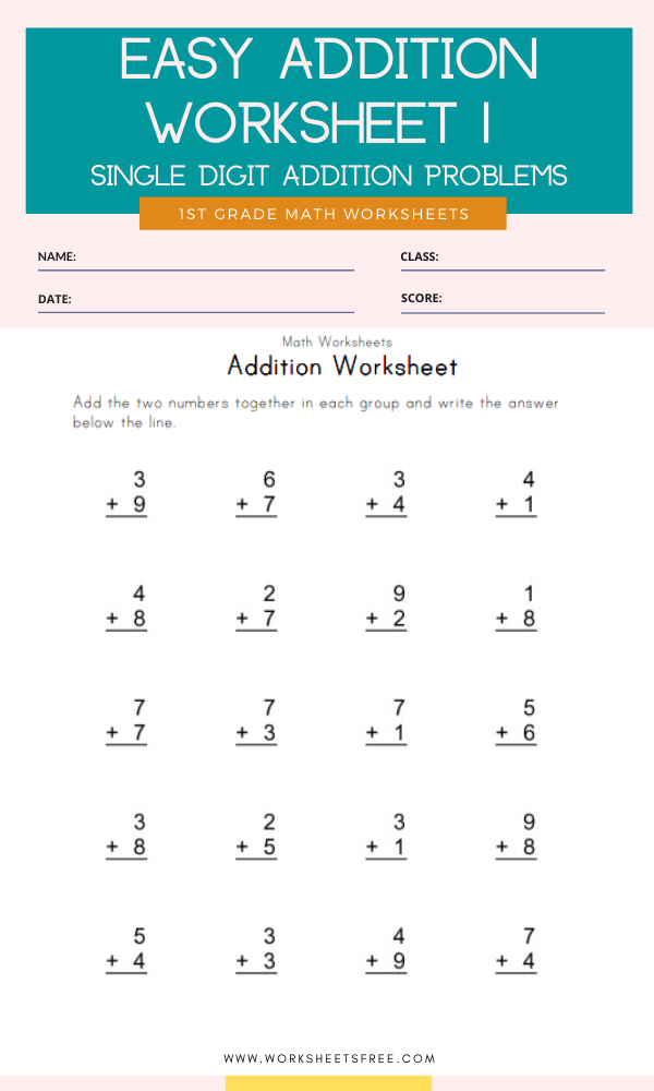Easy Addition Worksheet 1 Grade 1 Single Digit Addition Problems Worksheets Free