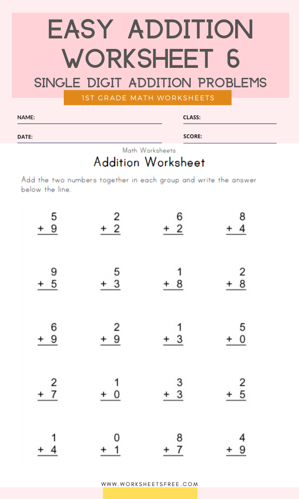 Easy Addition Worksheet 6 Grade 1 Single Digit Addition Problems Worksheets Free