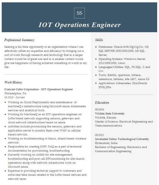 iot project manager resume sample