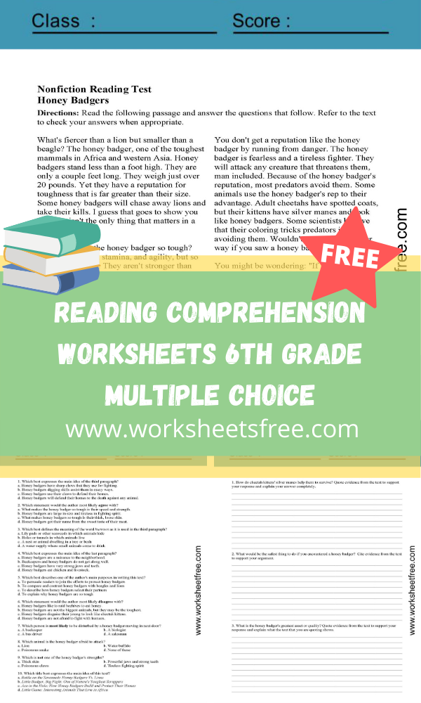 Reading Comprehension Worksheets 6th Grade Multiple Choice Worksheets Free